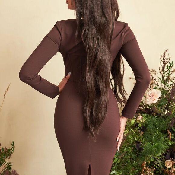 NWOT Lavish Alice Cowl Corset Ponte Chocolate Brown Midi Dress US Size 10 - Picture 6 of 10